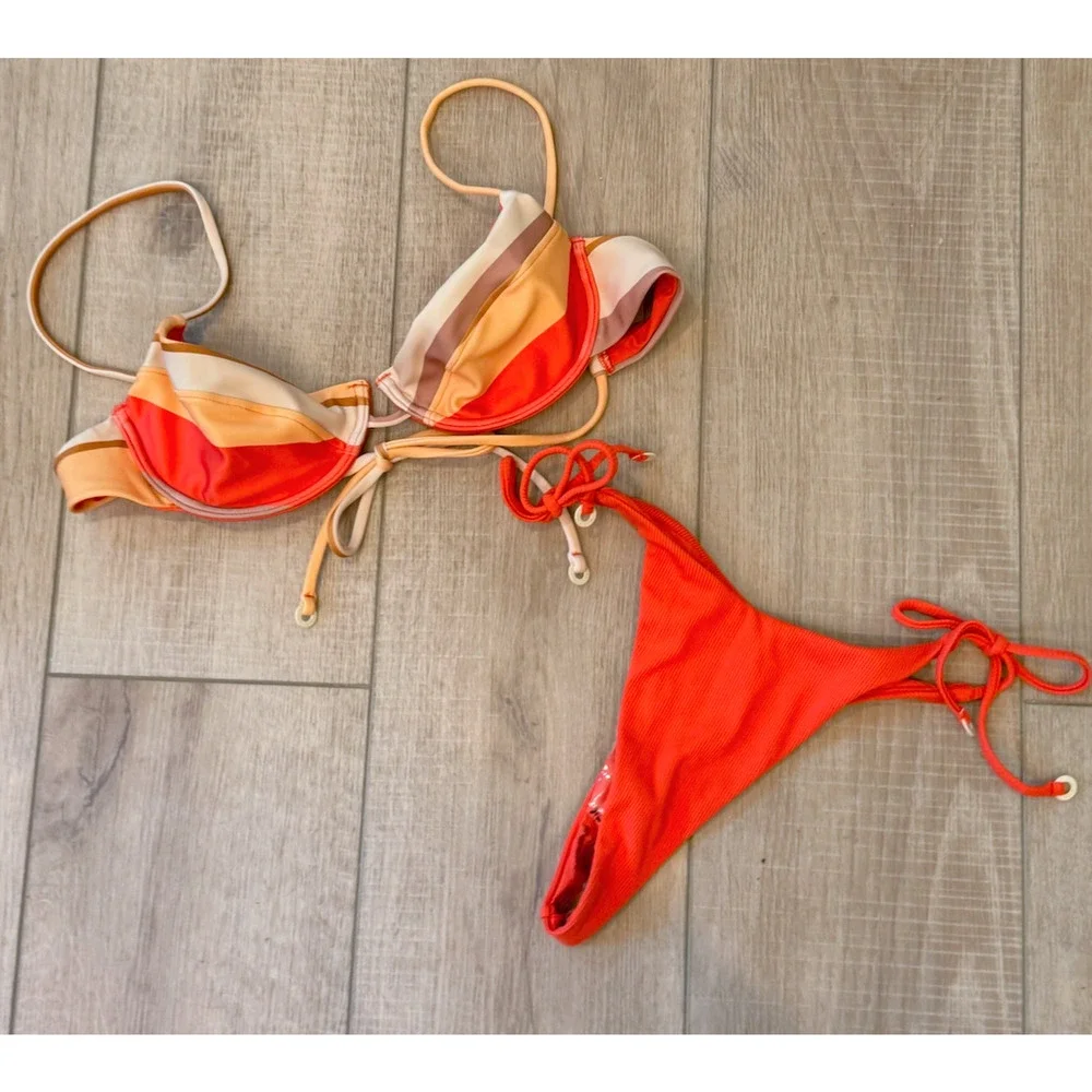 ZULU & ZEPHYR FREE PEOPLE CURVE TIE BIKINI BOTTOM STRIPE TOP SWIMSUIT 2 PC SET 6